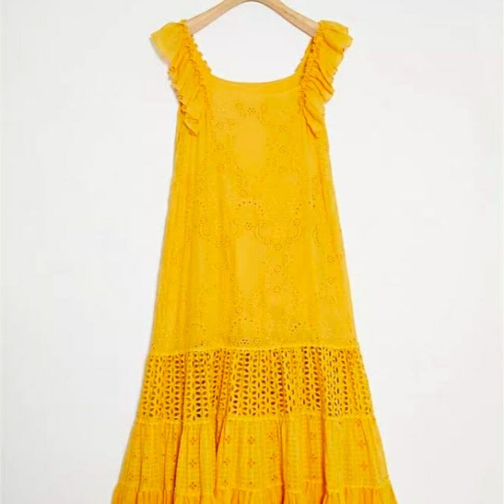 Yellow Anthropologie Payal Jain Fallon Eyelet Lace Boho Maxi Dress 16W